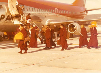 The Black Hat of the 16th Karmapa arriving at Whitehorse airport with entourage, including Khenpo Khartar Rinpoche, in 1977