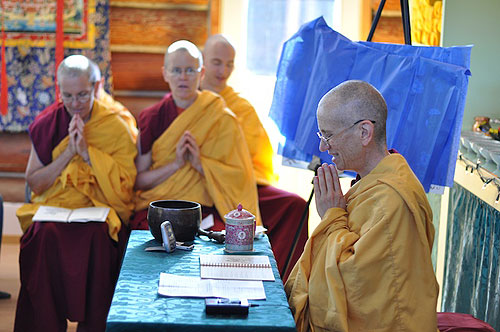 Abbey founder and leader, Ven. Thubten Chodron, leads the Green Tara puja in the Abbey shrine room.