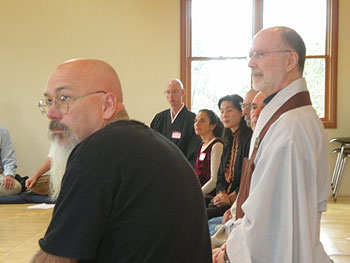 Morning discussion group.  Left to right:  Koro Kaisan Miles (Open Gate Zendo), Daitetsu Hull (Great Vow), Phyllis Moses (Dharmadhatu), Frances Goldman (Buddha Jewel Monastery), Rein Konpo Kaales (White Cloud Zen Center), Eshin Godfrey (Zen Centre Vancouver), and Greg Eisen (Blue Heron).