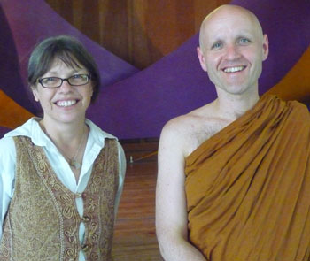 Sakula (Mary Reinard), spiritual director of Portland Friends of the Dhamma, with Pacific Hermitage sernior monk, Ajahn Sudanto.