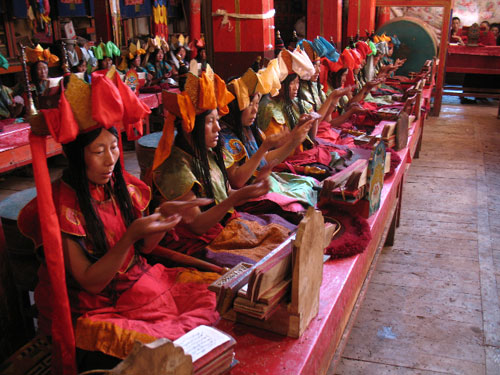 Gebchak nuns in their main temple conducting a prayer ritual.