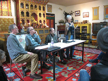 Midwife Beth Coyote addresses the audience as part of the “Birth, Death, and In Between” panel at the 2010 NWDA Annual Gathering. Other panelists, from left, are Jeff Schoening, Tom Kelley, and Alan Marlatt.