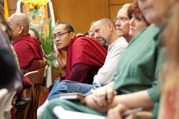 A thoroughly engaged audience at one of the sessions of the Buddhism & Science symposium at Maitripa College, Portland, Oregon.  At right center is Dr. Steven Vannoy of the University of Washington, a symposium presenter.