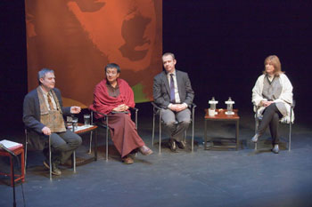 The “Rebel Buddha” event included a panel discussion moderated by John Tarrant Roshi, far left.  In addition to Dzogchen Ponlop Rinpoche (center), the other panelists were Mitra Tyler Dewar and Joan Sutherland Roshi (far right).