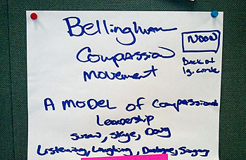 The Open Space format gives rise to self-created discussion groups at the Connecting for Compassion Action event organized by the Compassion Action Network.  The event took place in Seattle on October 17.