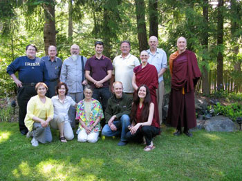 Old and new board members gathered at Bodhi House in Olympia, Washington.
Front, left to right:  Jacqueline Mandell, Amy Groncznack, Julie Welch, Jeff Kerr, Caterina De Re.  Standing:  Dick O'Connor, Bill Hirsch, Richard Miles, Nick Vail, Tim Tapping, Ven. Chonyi, Timothy O'Brien (staff), and Clark Hansen/Jampel Gyatso. 